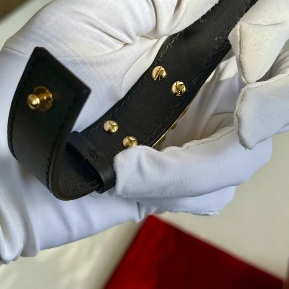 NWOT SALVATORE FERRAGAMO Unisex Black Leather Bracelet Gold 